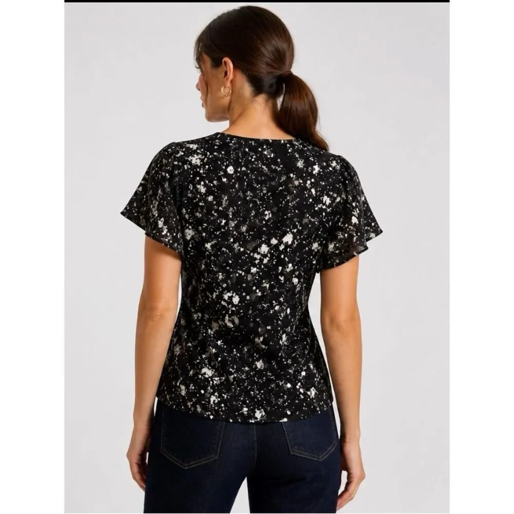 Tory Burch Rebecca Paint Splatter Front Zipper Closure Silk Ruffle Blouse